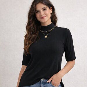 Black Mock Neck Top Large Short Sleeve Minimalist Stretch Knit NWOT
